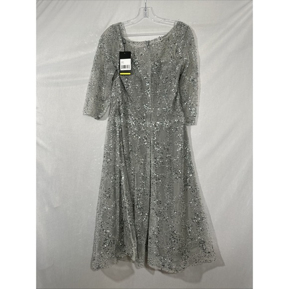 NWT $458 La Femme [ 10 ] 30002 Lace Beaded Short Midi A Line Dress Silver S2106 - Picture 11 of 13